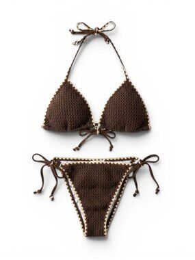 Brown Crochet Tie Bikini - Women's Two-Piece Swim Set
